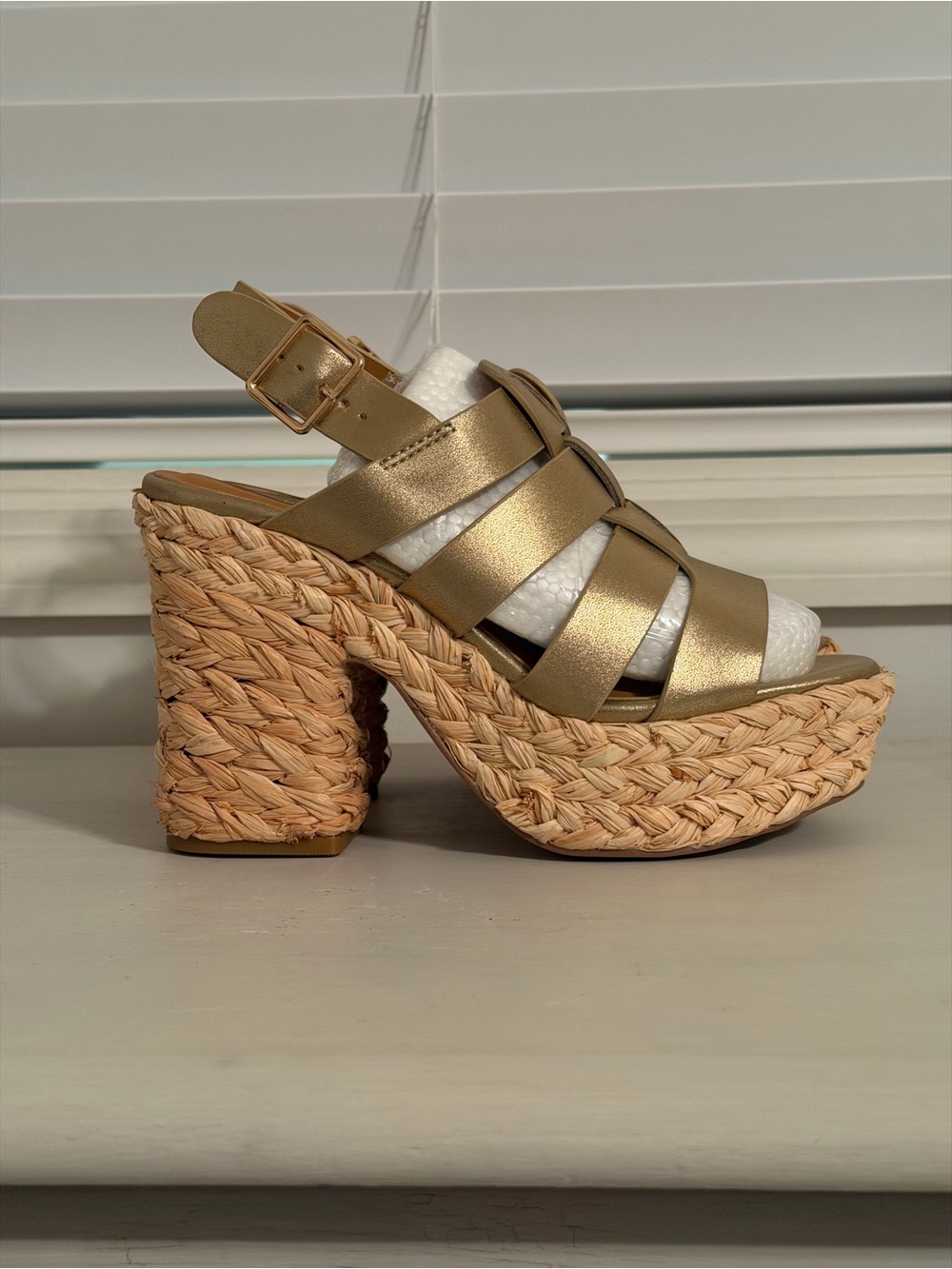 New Womens Rattan Chunky Platform Wedge Heel Sandals Woven Ankle Tan Sz 7.5 Box